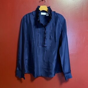Soft Surroundings Silk Ruffle Blouse Size L Navy Blue Popover Top‎